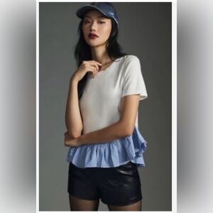 MAEVE by Anthropologie White Short Sleeve Stripe Ruffle-Hem T-Shirt S.